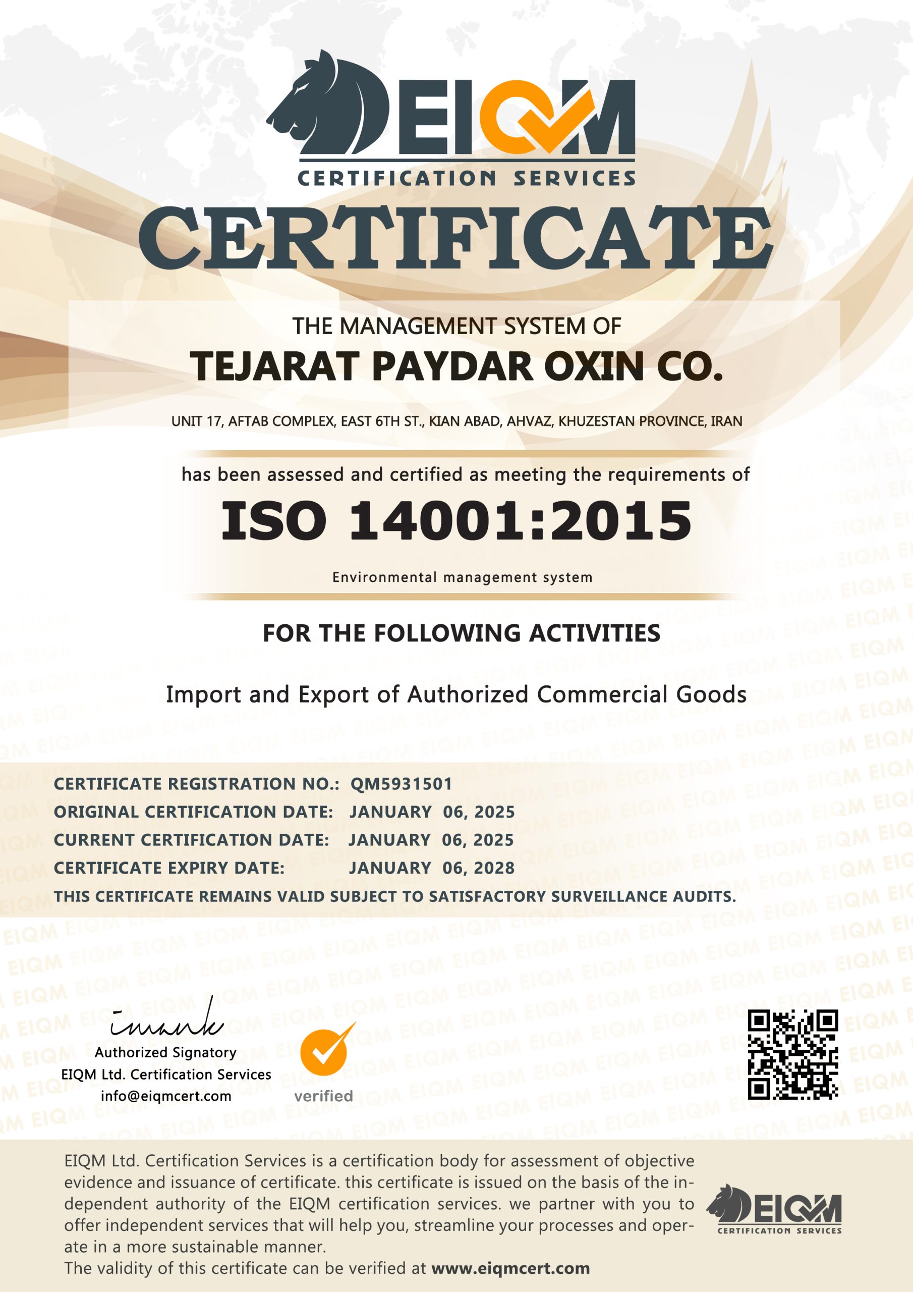 Tejarat Paydar Oxin Co  - 14001 - QM5931501